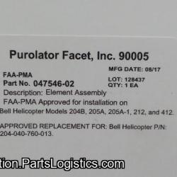 P/N: 047546-02, Fluid Filter Element, New, Bell Helicopter, (Purolator PMA) ID: D11