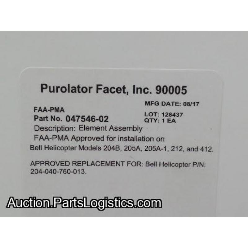 P/N: 047546-02, Fluid Filter Element, New, Bell Helicopter, (Purolator PMA) ID: D11