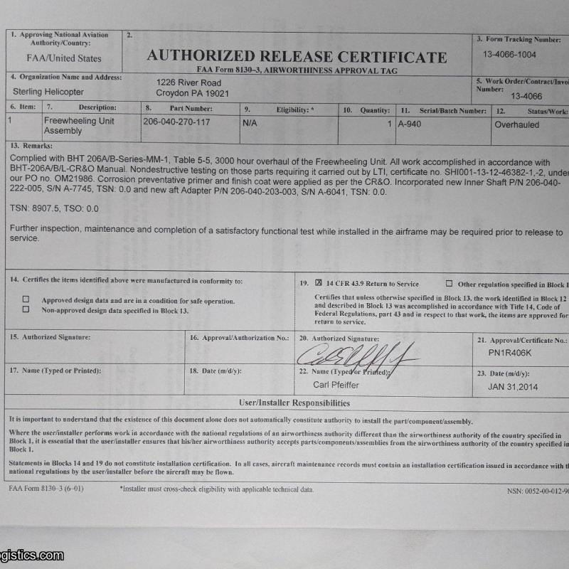 P/N: 206-040-270-117, Freewheeling Assy, SN: A-940, Serviceable, Bell Helicopter, 206