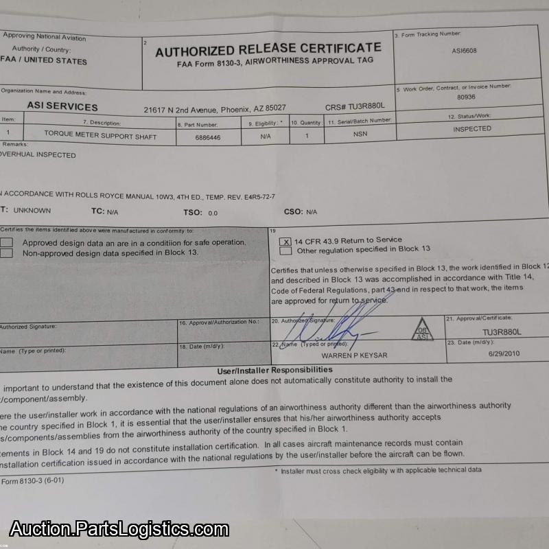 P/N: 6886446, Torquemeter Support Shaft, Overhauled RR M250, ID: D11