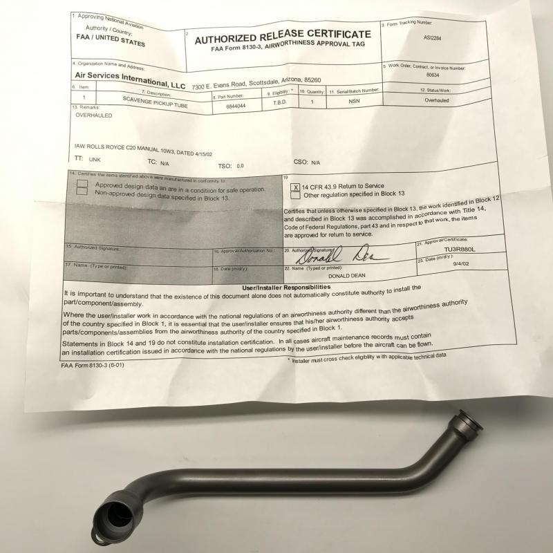 Rolls-Royce M250, Oil Scavenge Tubes, P/N: 6844044, Overhauled, ID: AZA