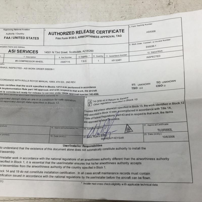 Rolls-Royce #5 Compressor Wheel P/N: 23057115 S/N: KR52481, Serviceable, ID: AZA