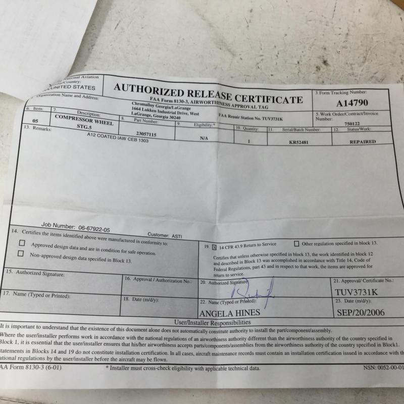 Rolls-Royce #5 Compressor Wheel P/N: 23057115 S/N: KR52481, Serviceable, ID: AZA