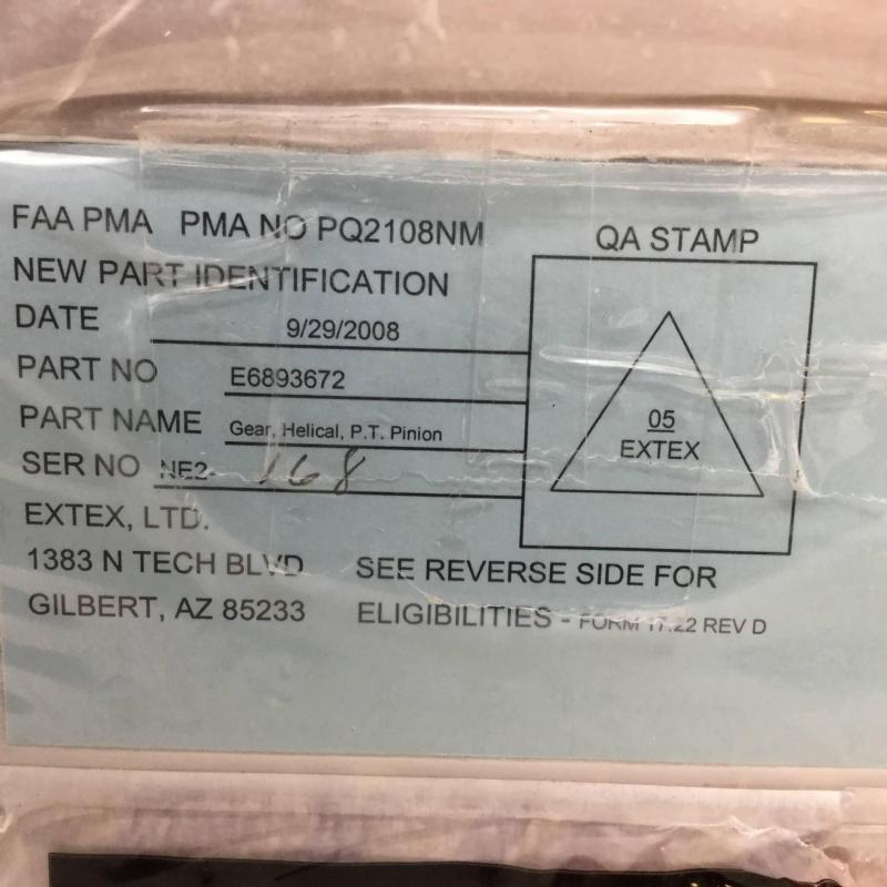 Extex PMA, Helical Pinion Gear Shaft, P/N: E6893672, S/N: NE2-168, New, ID: AZA