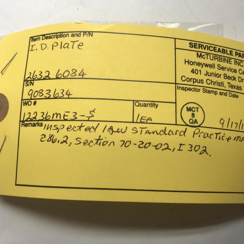 Serviceable OEM Approved, Honey I.D. Plate, P/N: 26326084, S/N: 9083634, ID: CSM