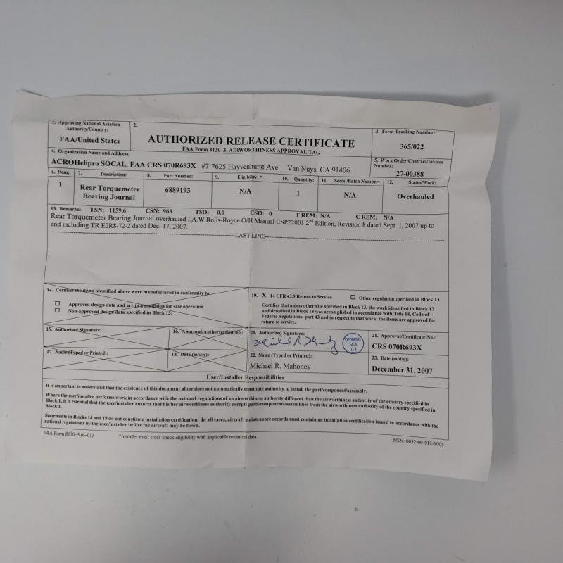 Rolls-Royce Rear Torquemeter Bearing Journal, P/N: 6889193, Overhauled, ID: AZA