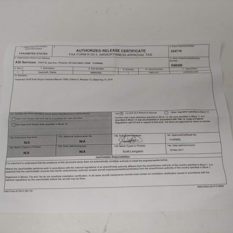 P/N: 6888529AL, Starter Gearshaft, S/N: TM63-072 (Timken PMA), Overhauled RR M250, ID: AZA