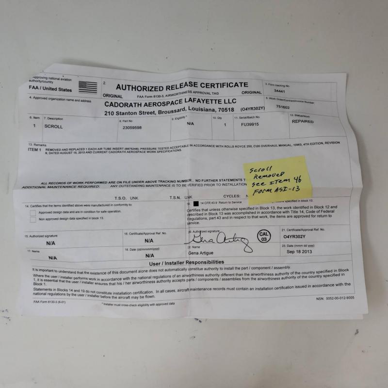 Rolls-Royce M250 Scroll Assembly, P/N: 23059598, S/N: FU39915, Serviceable, ID: AZA