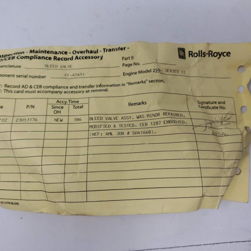 Rolls-Royce M250 C20B Bleed Valve Assembly, P/N: 23053176, S/N: FF 45451, Serviceable, ID: AZA