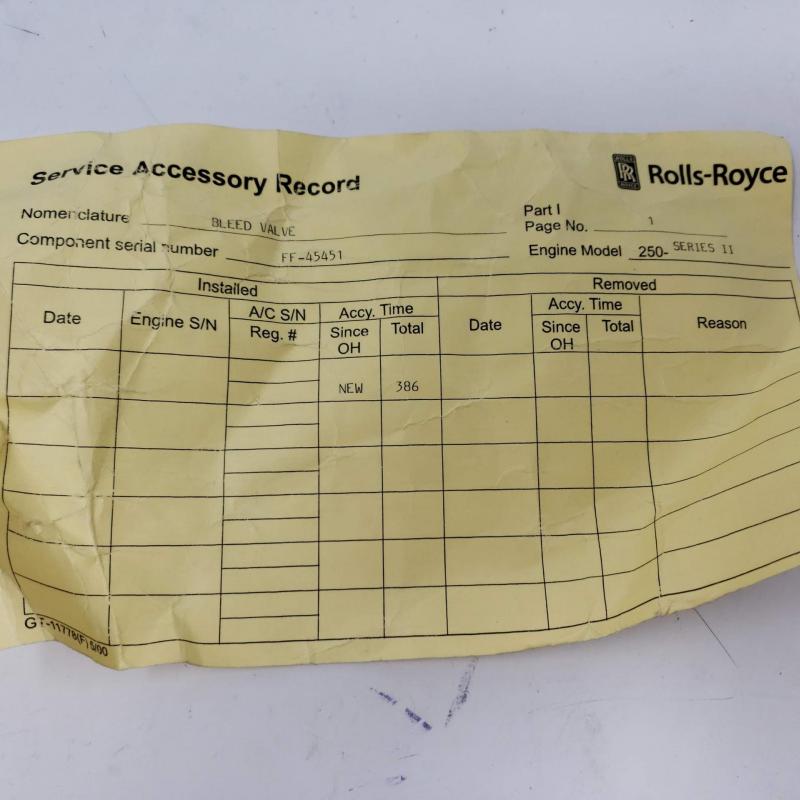 Rolls-Royce M250 C20B Bleed Valve Assembly, P/N: 23053176, S/N: FF 45451, Serviceable, ID: AZA