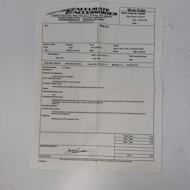 Rolls-Royce M250 Bleed Valve Assembly, P/N: 23053190, S/N: FF56287, Overhauled, ID: AZA