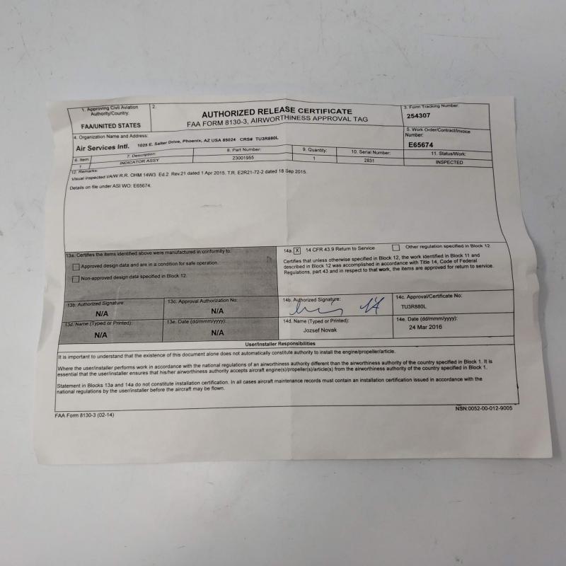 Rolls-Royce M250, Differential Pressure Indicator, P/N: 23001955, S/N: 2831, Serviceable, ID: AZA