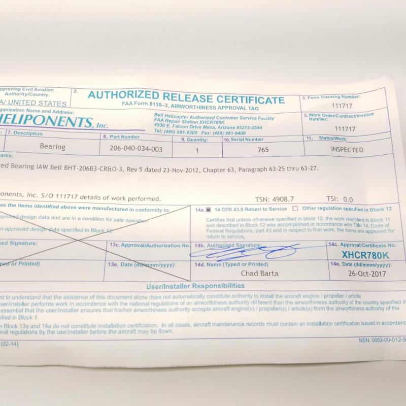 P/N: 206-040-034-003, Bearing, S/N: 765, Serviceable BH, ID: AZA