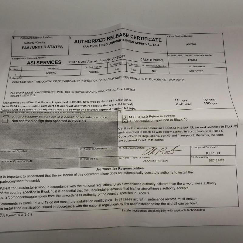 Multiple Rolls-Royce M250 Consumables, ID: AZA