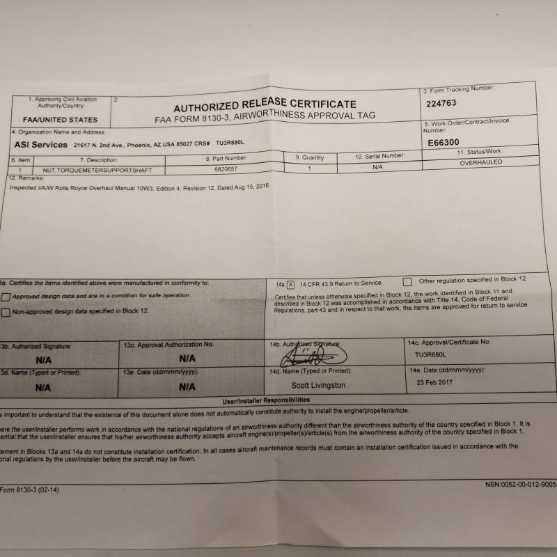 Multiple Rolls-Royce M250 Consumables, ID: AZA