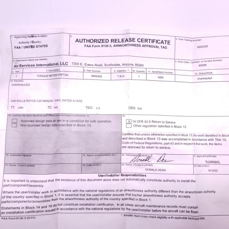 P/N: 6856362, Torquemeter Piston, Overhauled RR M250, ID: AZA
