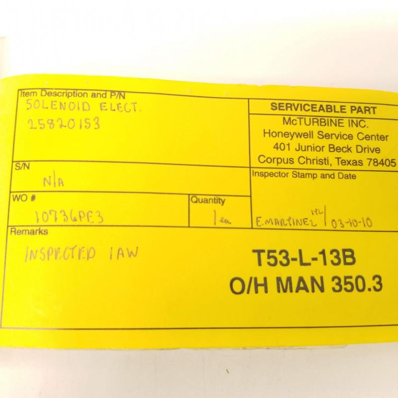 Serviceable OEM Approved Honeywell, Electrical Solenoid, P/N: 25820153, ID: CSM