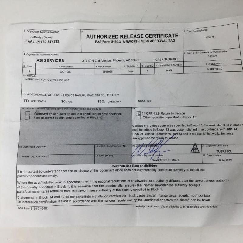 Rolls-Royce Oil Filter Cap, P/N: 6895096, Serviceable, ID: AZA