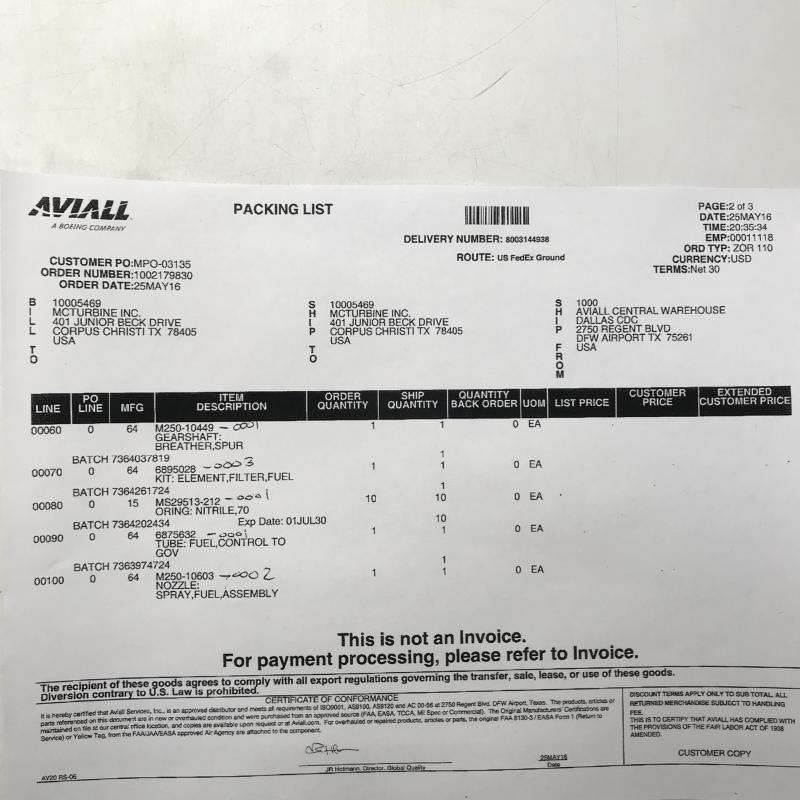 New OEM Approved RR M250, Fuel Control Tube Assembly, P/N: 6875632, ID: CSM