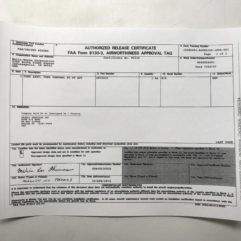 New OEM Approved RR M250, Fuel Control Tube Assembly, P/N: 6875632, ID: CSM