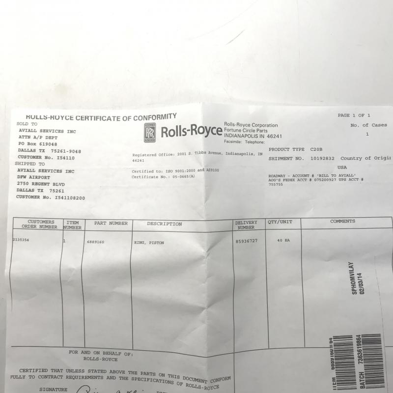 New OEM Approved RR M250, Piston Ring, P/N: 6889160, ID: CSM