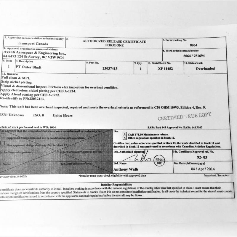 Rolls-Royce PT Outer Shaft, P/N: 23037413, S/N: XP11452, Overhauled, ID: AZA