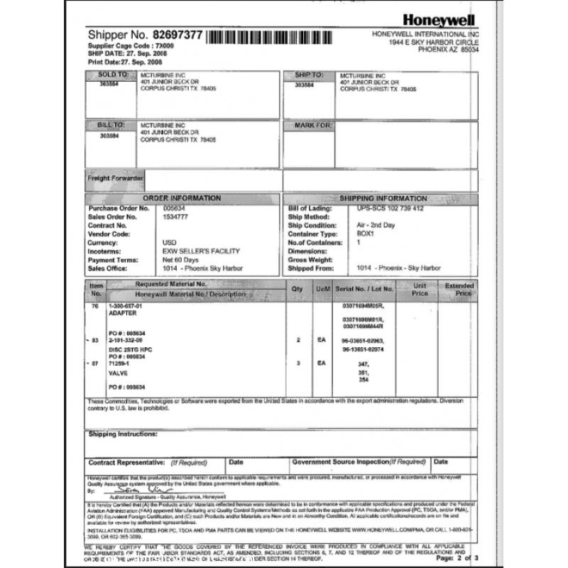 New OEM Approved Honeywell, Valve Control, P/N: 71259-1, S/N: 354, ID: CSM