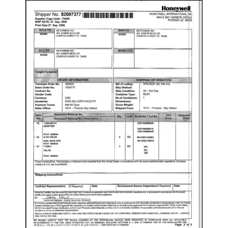 New OEM Approved Honeywell, Valve Control, P/N: 71259-1, S/N: 347, ID: CSM